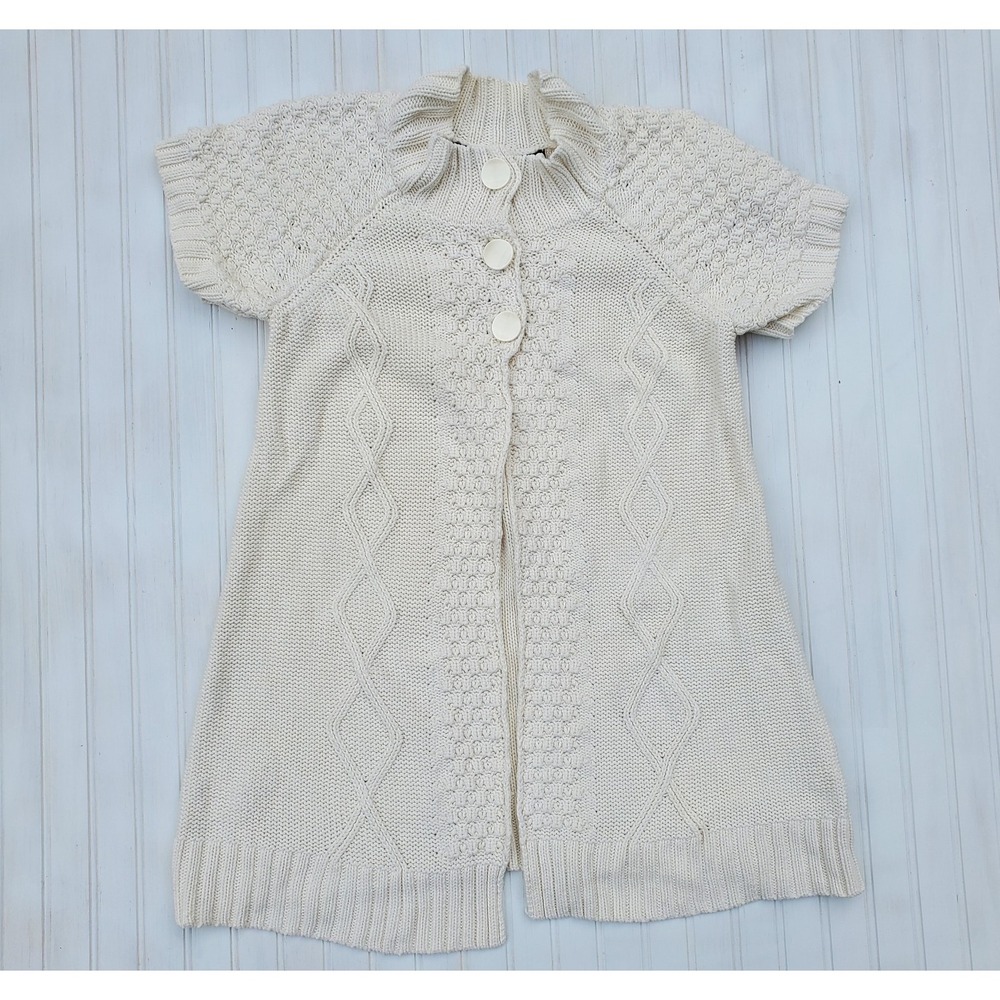 Mac & Jac Cardigan‎ 3 Button Cable Knit Tunic Short Sleeve Sweater Large Ivory